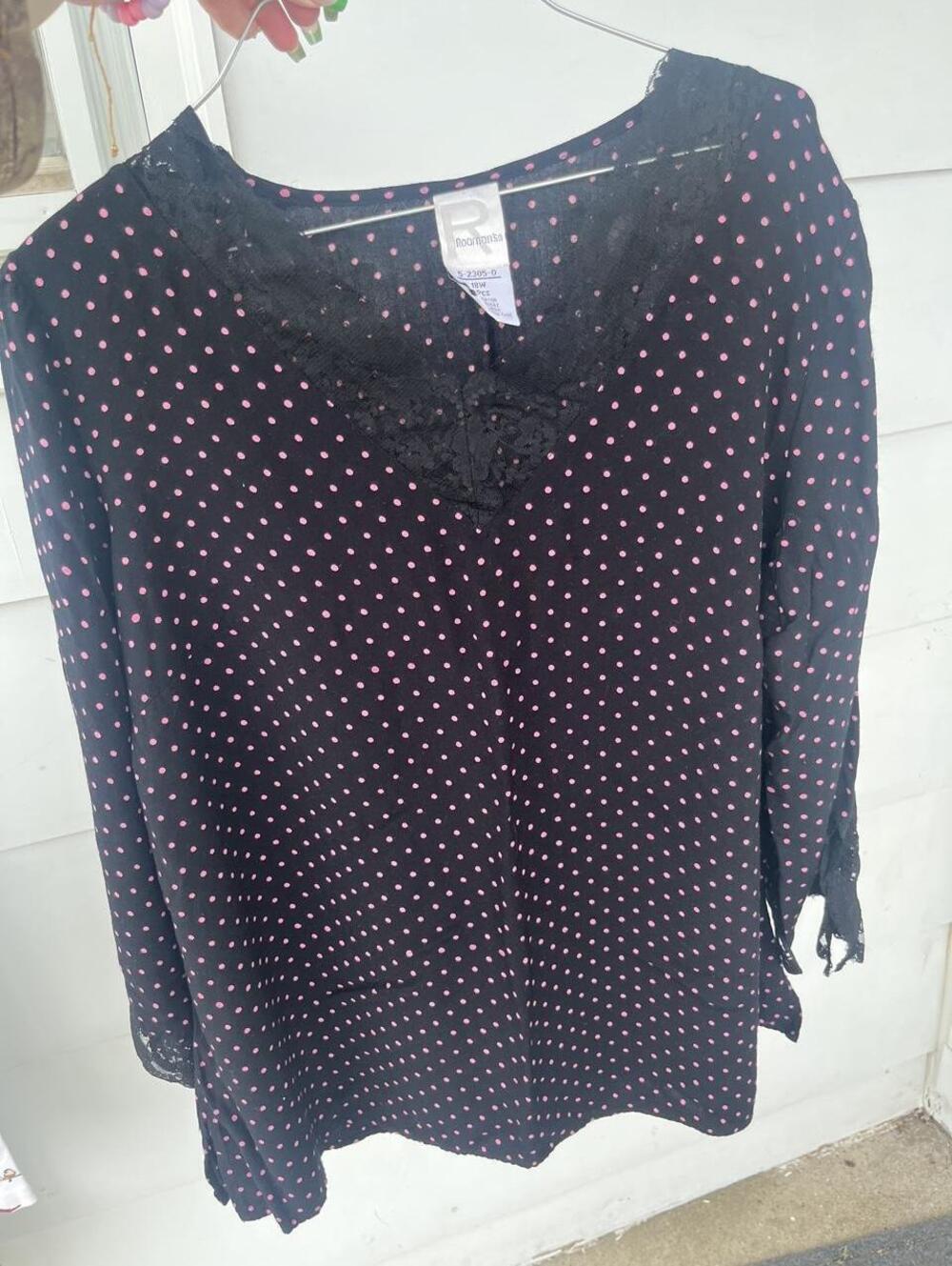 Vintage Roaman’s Black Pink Polka Dot Lace Blouse 18W 🩷🖤